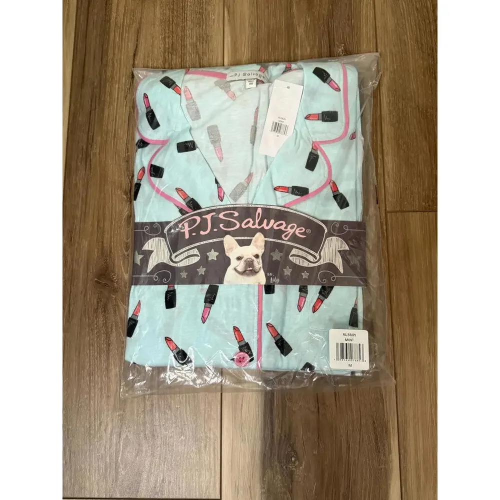 NWT! PJ Salvage Jersey Pajamas in Mint Lipstick Print Size Medium - Picture 2 of 4